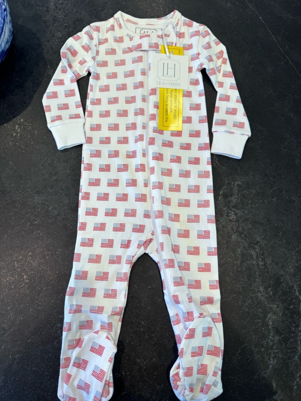 White & Red American Flag Zip Footed One-Piece